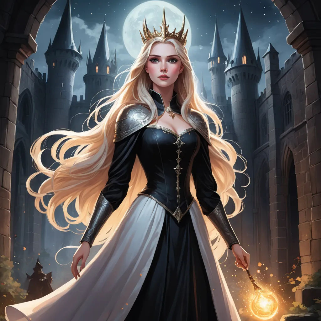 a woman in a black and white dress with a crown on her head and a wand in her hand, fantasy art, a detailed painting, Charlie Bowater, fantasy artwork