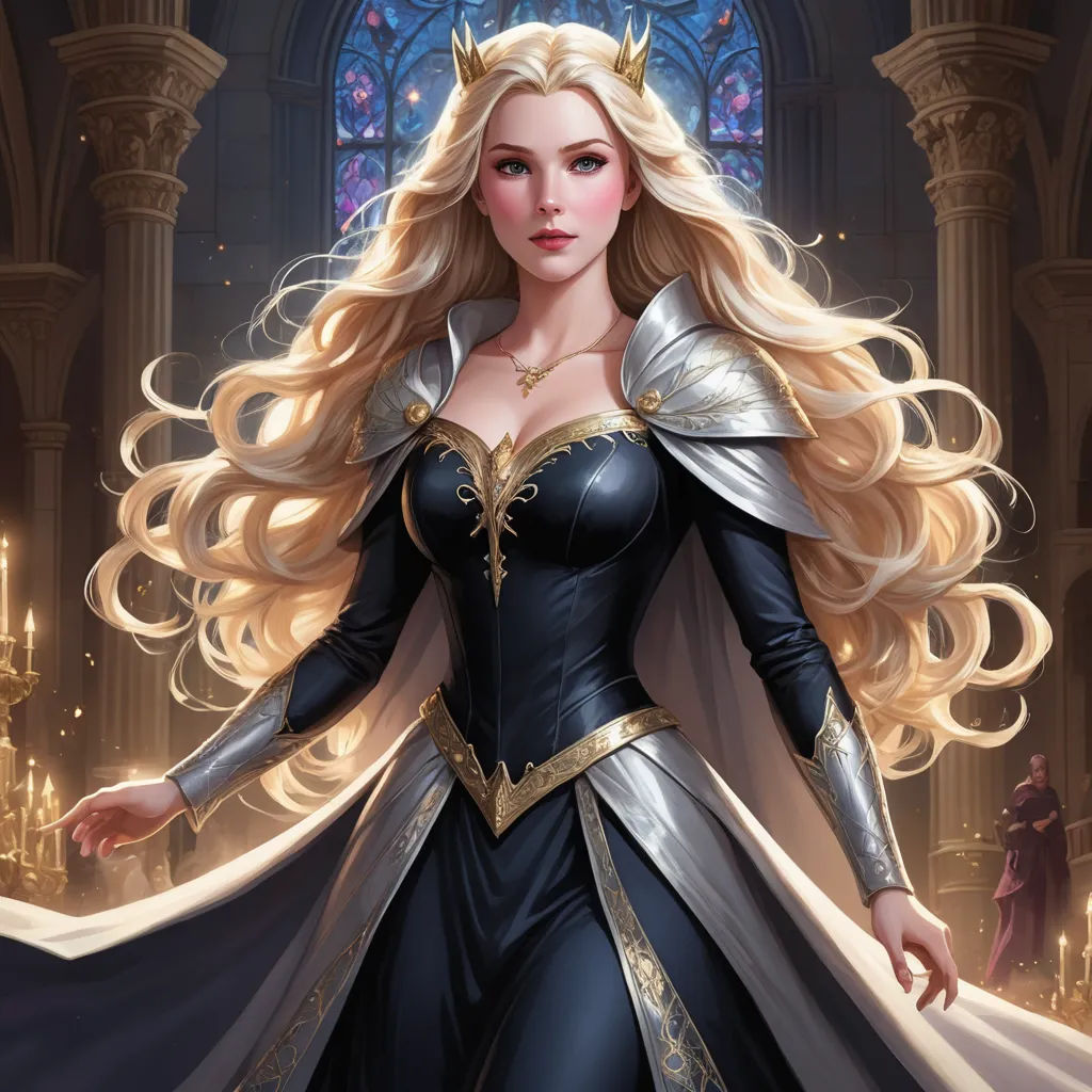 a woman dressed in a black and gold dress with a long blonde hair and a crown on her head, fantasy art, a detailed painting, Anne Stokes, epic fantasy character art
