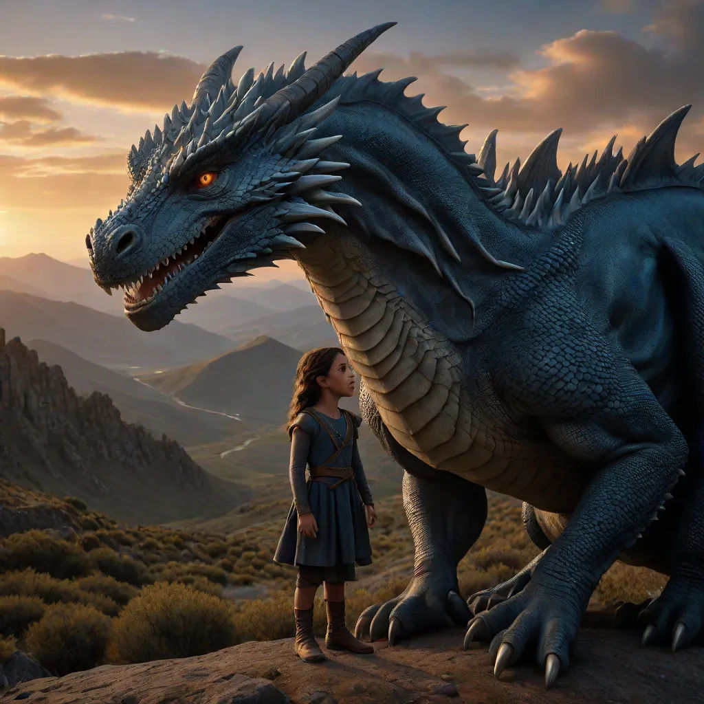 a woman standing next to a dragon statue on a mountain side with a sunset in the background and a mountain range in the background, fantasy art, a detailed matte painting, Abidin Dino, promotional image