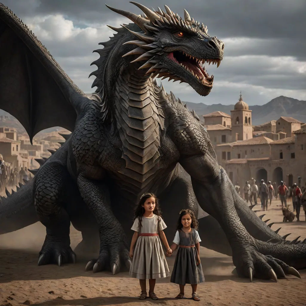 two children standing in front of a giant dragon statue in a desert town with a crowd of people in the background, excessivism, a poster, Altoon Sultan, promotional image