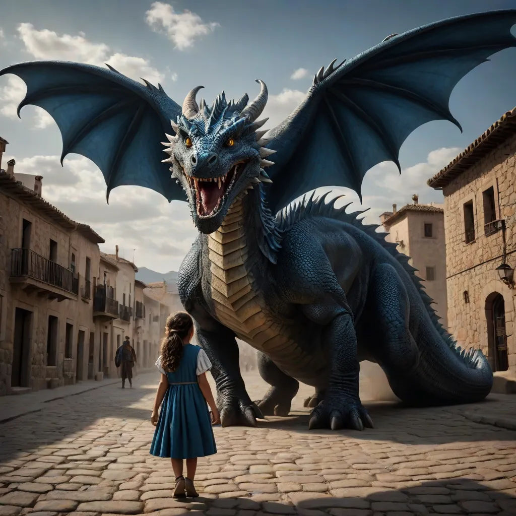 a woman standing next to a giant dragon statue on a cobblestone street in a town with buildings, magical realism, a storybook illustration, Diego Gisbert Llorens, promotional image