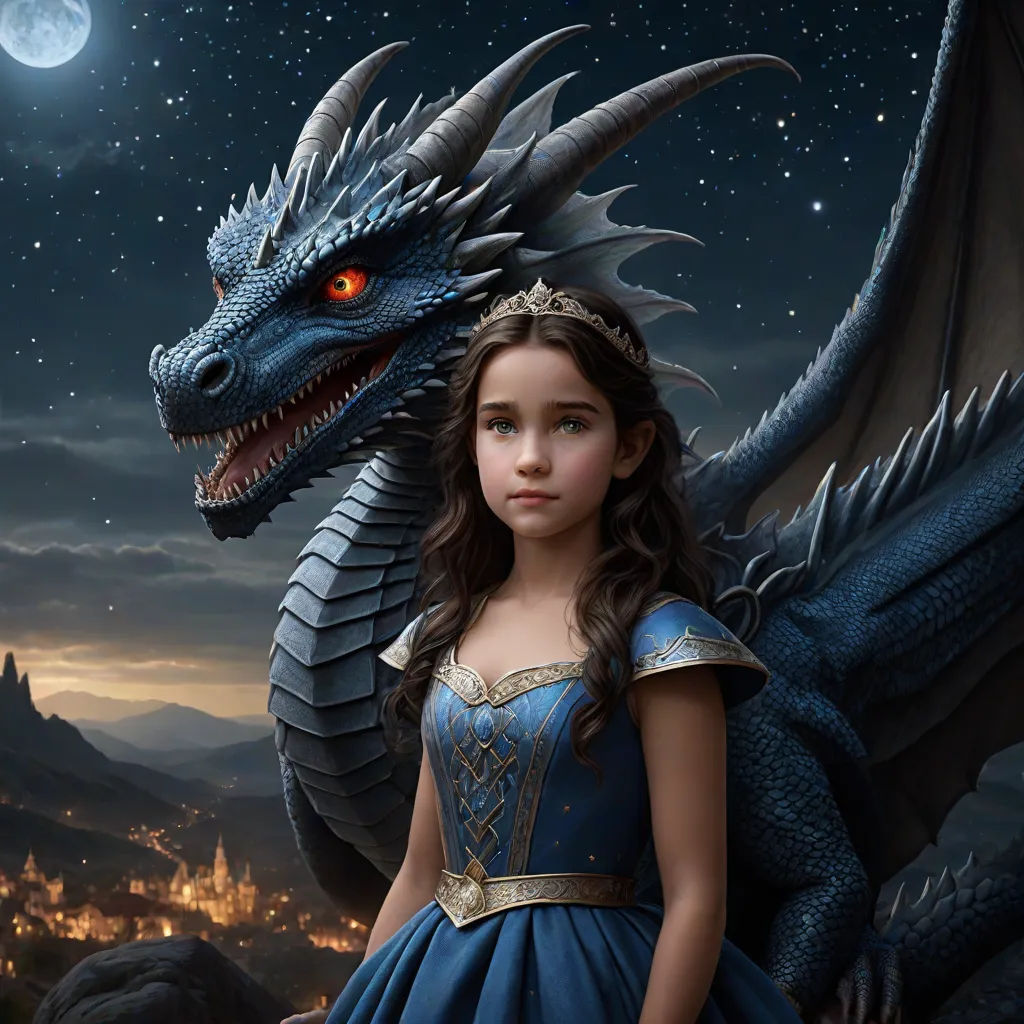 a young girl in a blue dress standing next to a dragon in a night sky with stars and a full moon, fantasy art, a detailed matte painting, Cliff Childs, promotional image