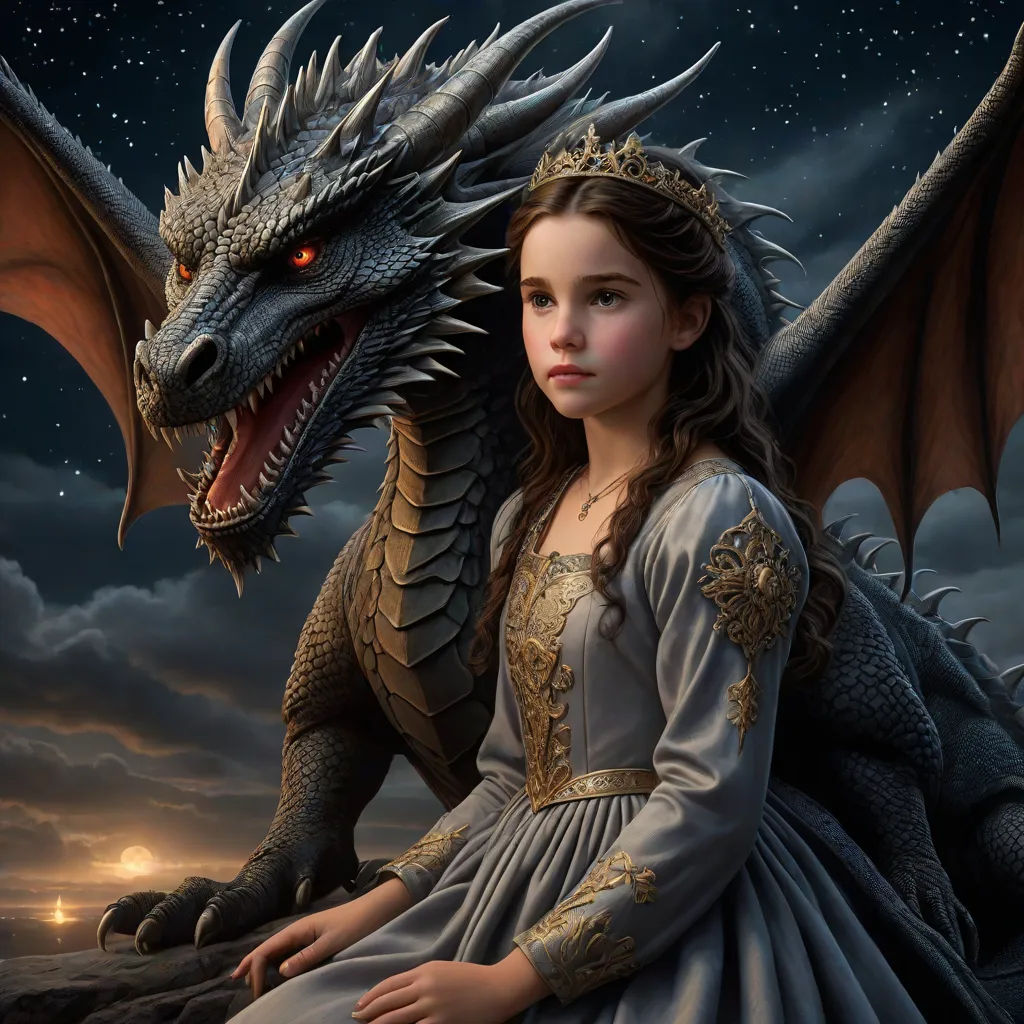 a girl in a dress sitting next to a dragon on a rock at night with a full moon in the background, fantasy art, a storybook illustration, Anne Stokes, dragon art