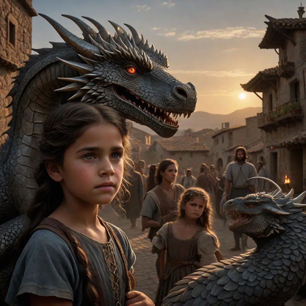 a young girl standing next to a dragon statue in a village with other people in the background and a man in the foreground, fantasy art, a detailed matte painting, Abidin Dino, promotional image