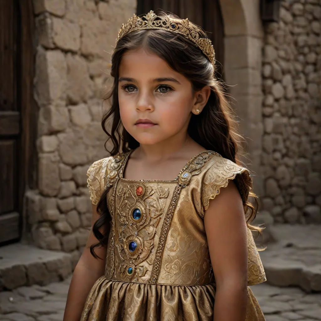 a little girl in a dress and a tiara standing in front of a stone building with a door, qajar art, a photorealistic painting, Araceli Gilbert, girl