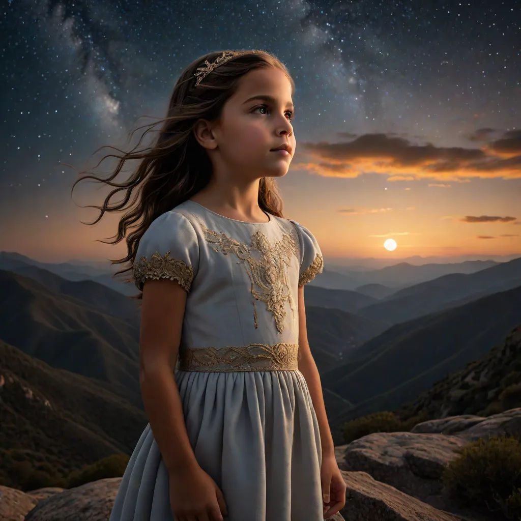 a young girl in a dress standing on a mountain top at night with the sun setting behind her and stars in the sky, art photography, a detailed matte painting, Daniel Lieske, cinematic photography