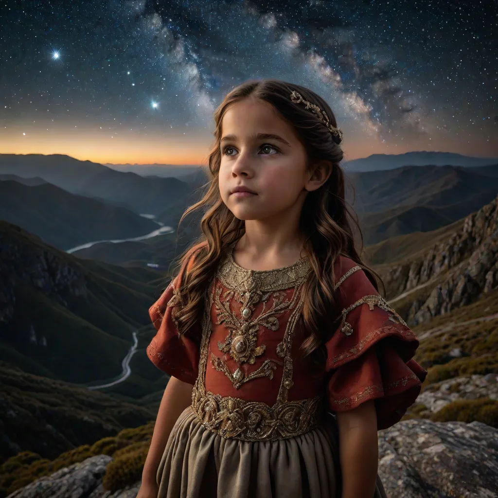a young girl in a dress standing on a mountain top looking up at the sky with a star filled sky in the background, space art, a photorealistic painting, Elinor Proby Adams, 8k artistic photography