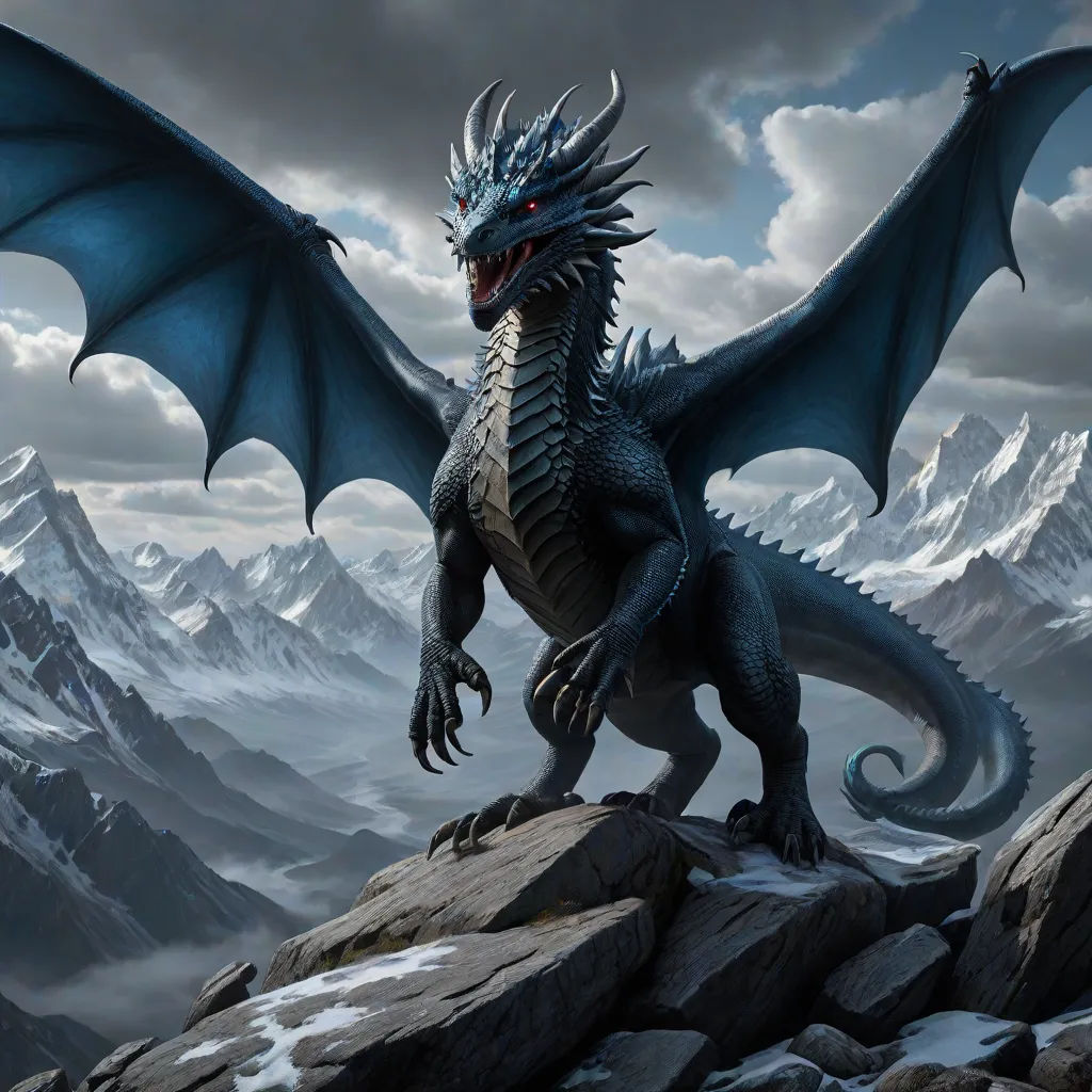 a dragon is standing on a rock in the mountains with a mountain background and clouds in the sky above, fantasy art, a detailed matte painting, Anne Stokes, dragon art