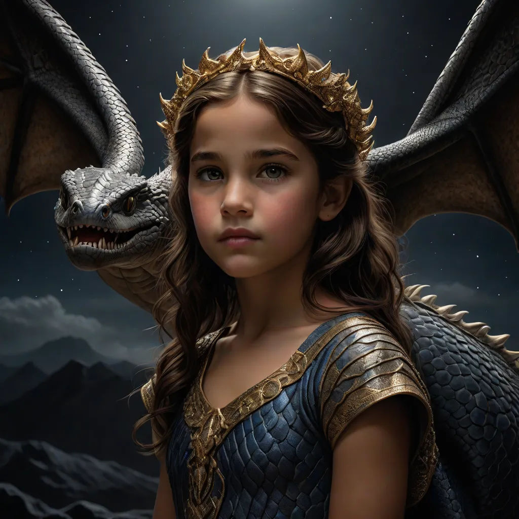a young girl in a costume with a dragon on her head and a dragon on her shoulder, standing in front of a full moon, fantasy art, a photorealistic painting, Clint Cearley, dragon art