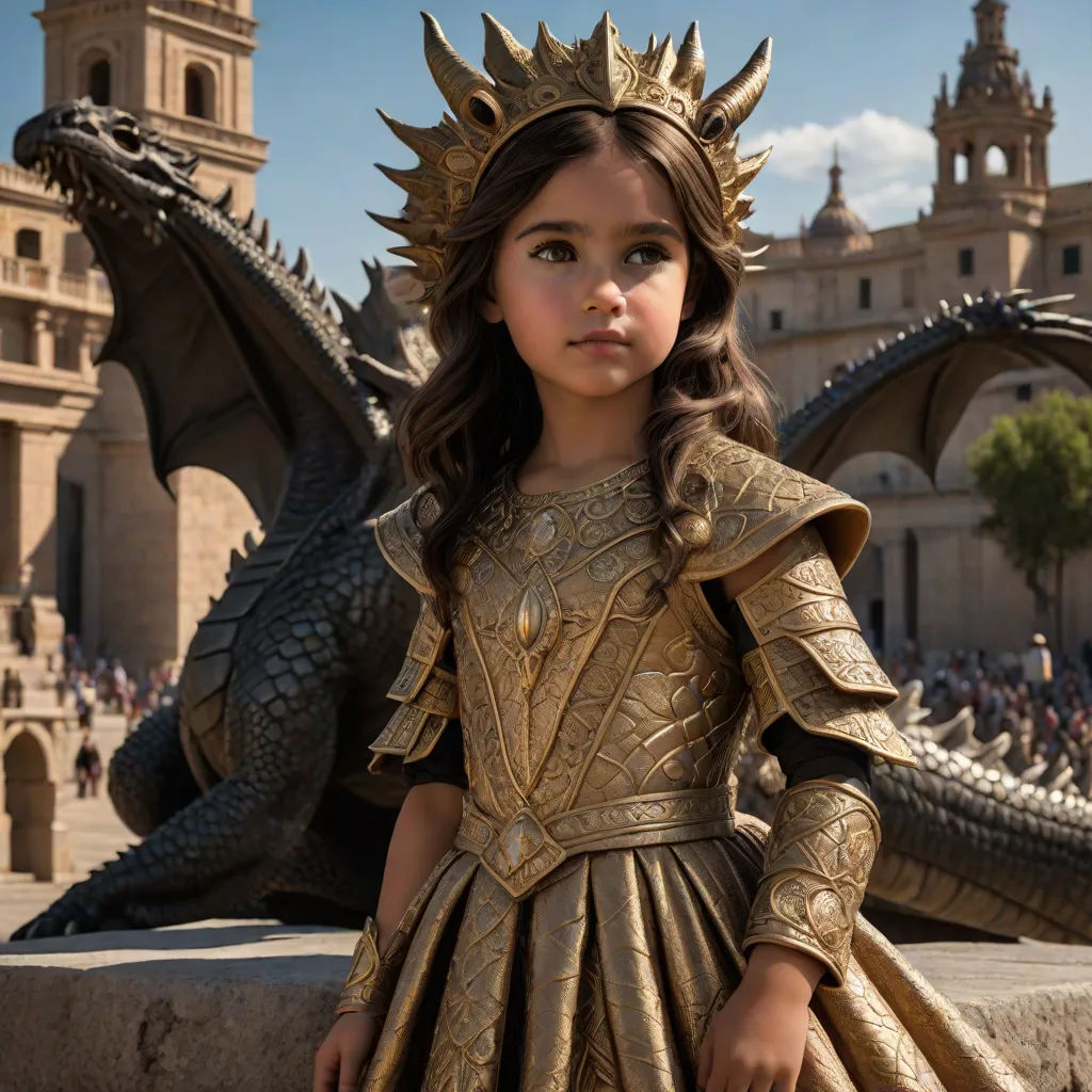 a little girl dressed in a golden dress and a dragon statue in the background, in front of a castle, fantasy art, a poster, Araceli Gilbert, promotional image