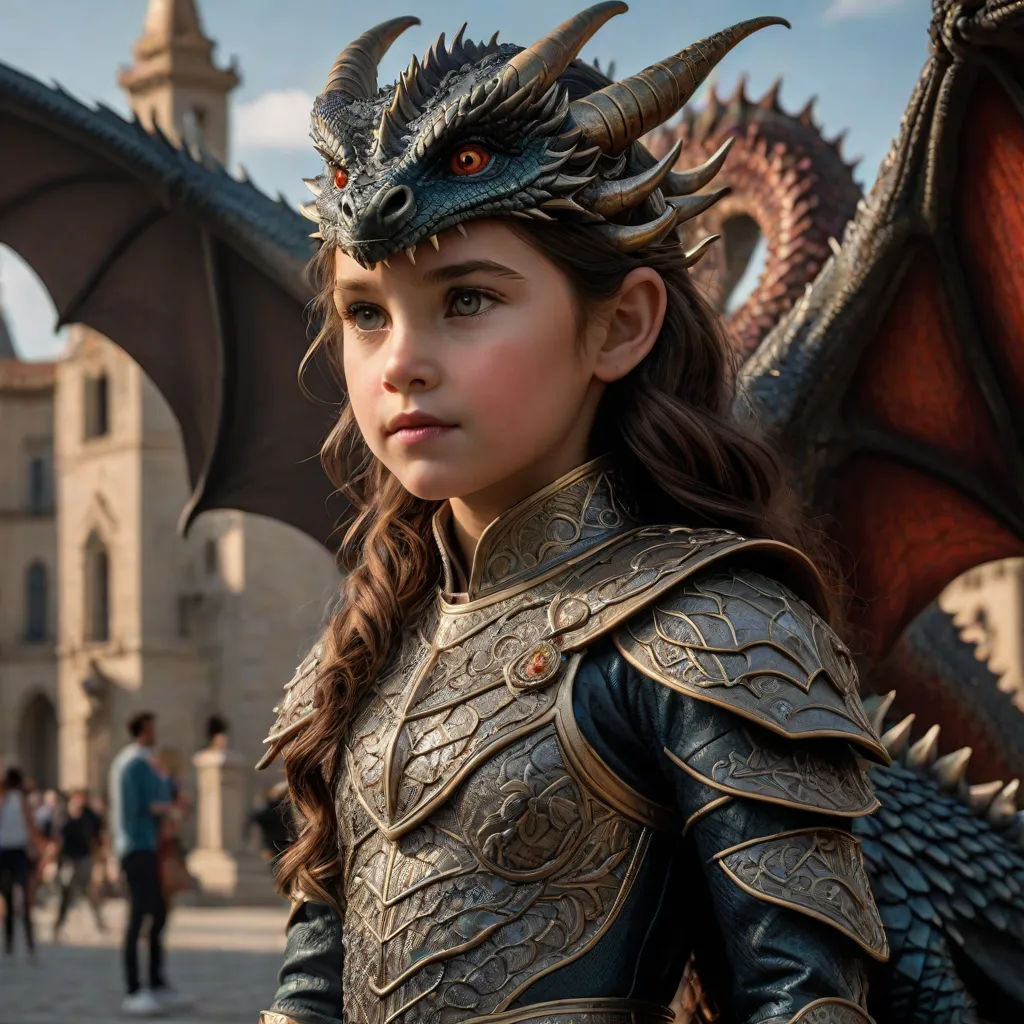 a young girl in a costume with a dragon head and wings on her head, standing in front of a castle, fantasy art, a poster, Abidin Dino, weta digital