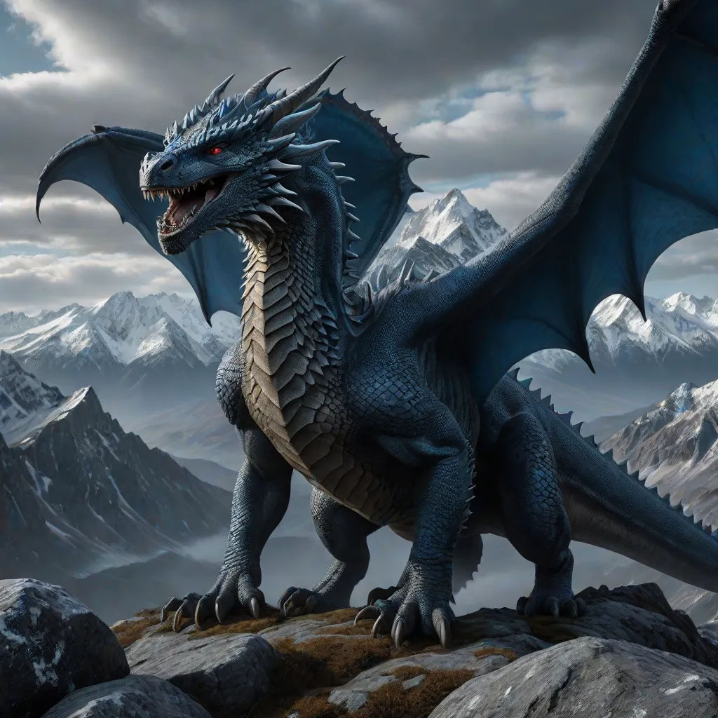 a blue dragon standing on a rock in the mountains with a mountain range in the background and a cloudy sky, fantasy art, a detailed matte painting, Clint Cearley, dragon art