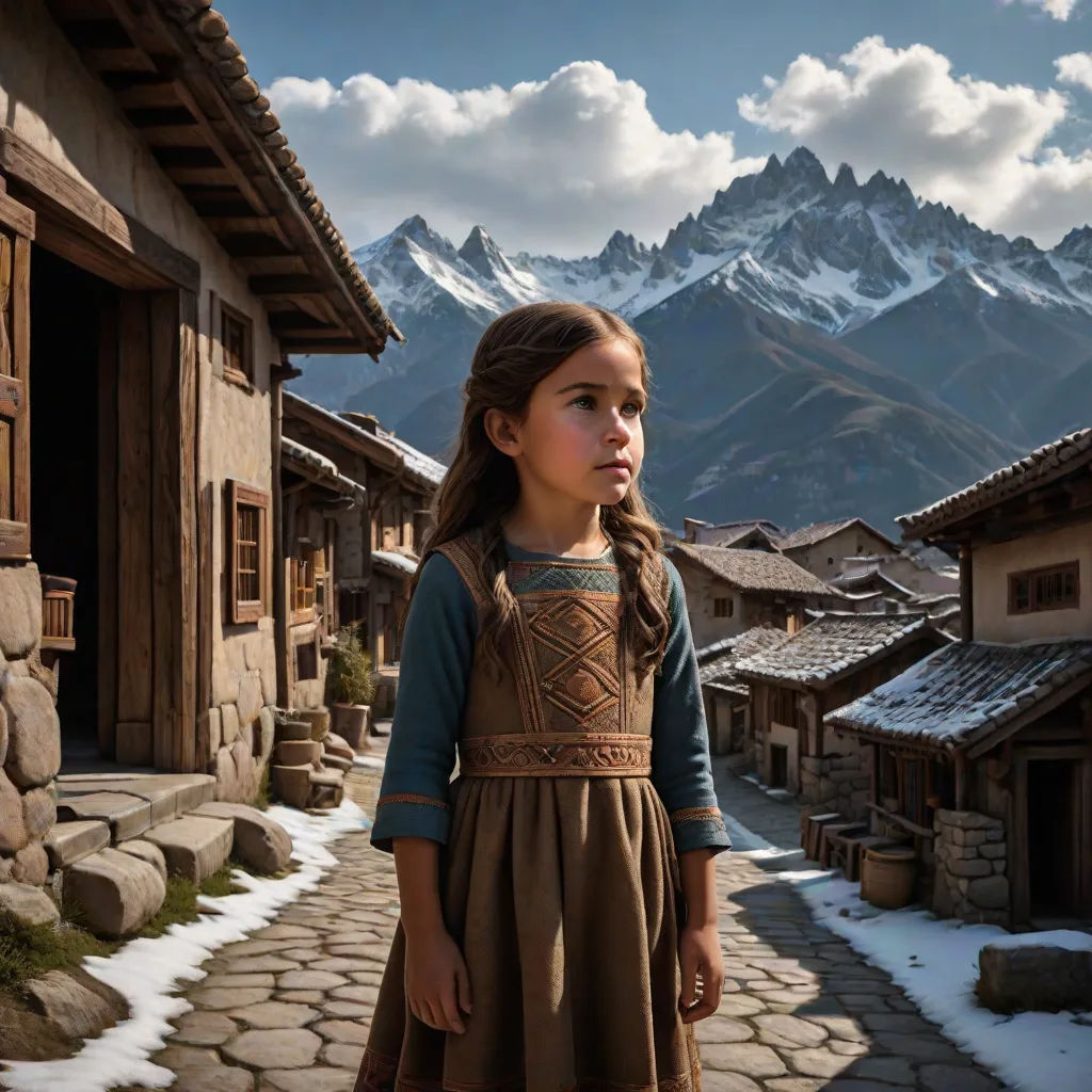 a little girl standing in front of a mountain village with a snow covered mountain in the background and a house with a stone walkway, photorealism, a detailed matte painting, Celia Fiennes, cinematic photography