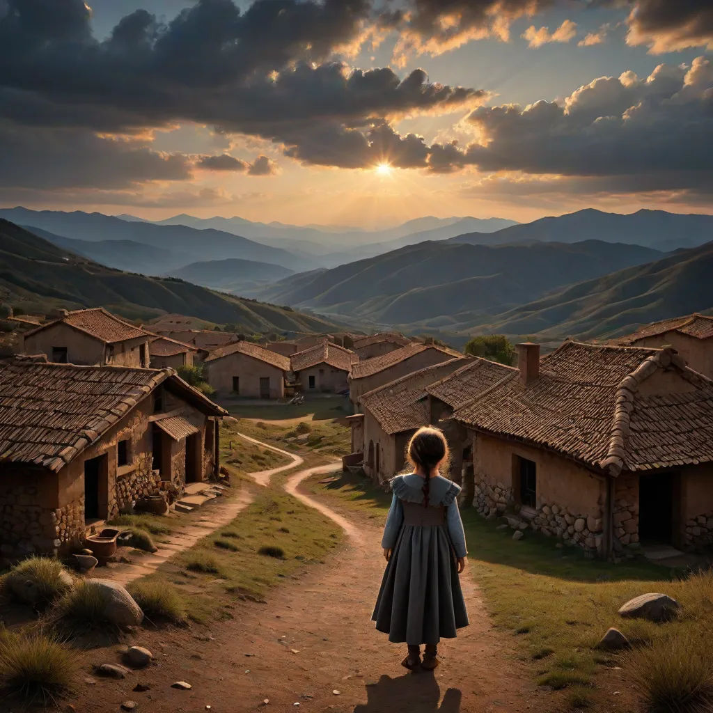 a woman walking down a dirt road towards a village with mountains in the background at sunset or dawn with a woman in a dress, art photography, a matte painting, David Martin, cinematic photography