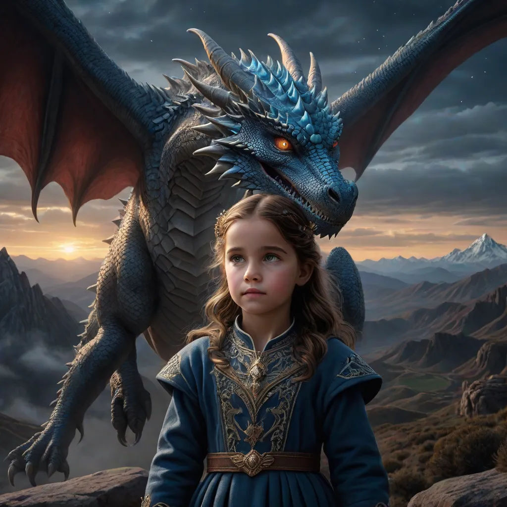 a young girl standing next to a dragon on a mountain side with a mountain in the background and a sky filled with clouds, fantasy art, poster art, Abidin Dino, promotional image