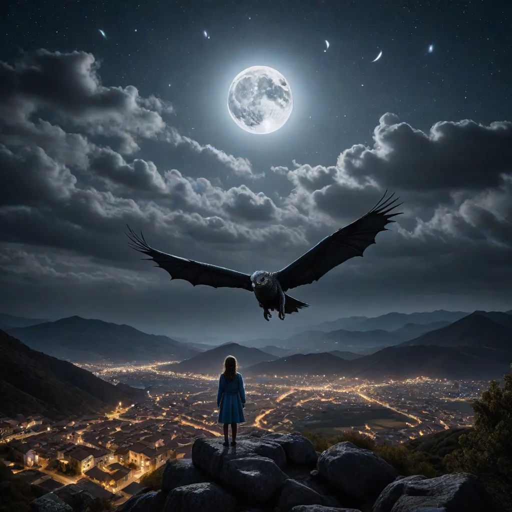 a woman standing on a hill looking at a bird flying over a city at night with a full moon, fantasy art, a matte painting, Dirk Crabeth, dark night