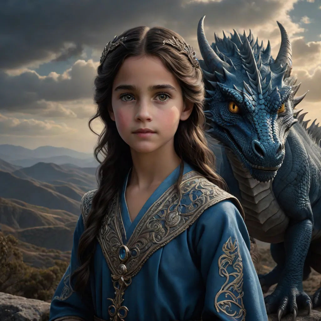a young girl standing next to a dragon on a mountain side with a cloudy sky behind her and a mountain side behind her, fantasy art, poster art, Abidin Dino, promotional image