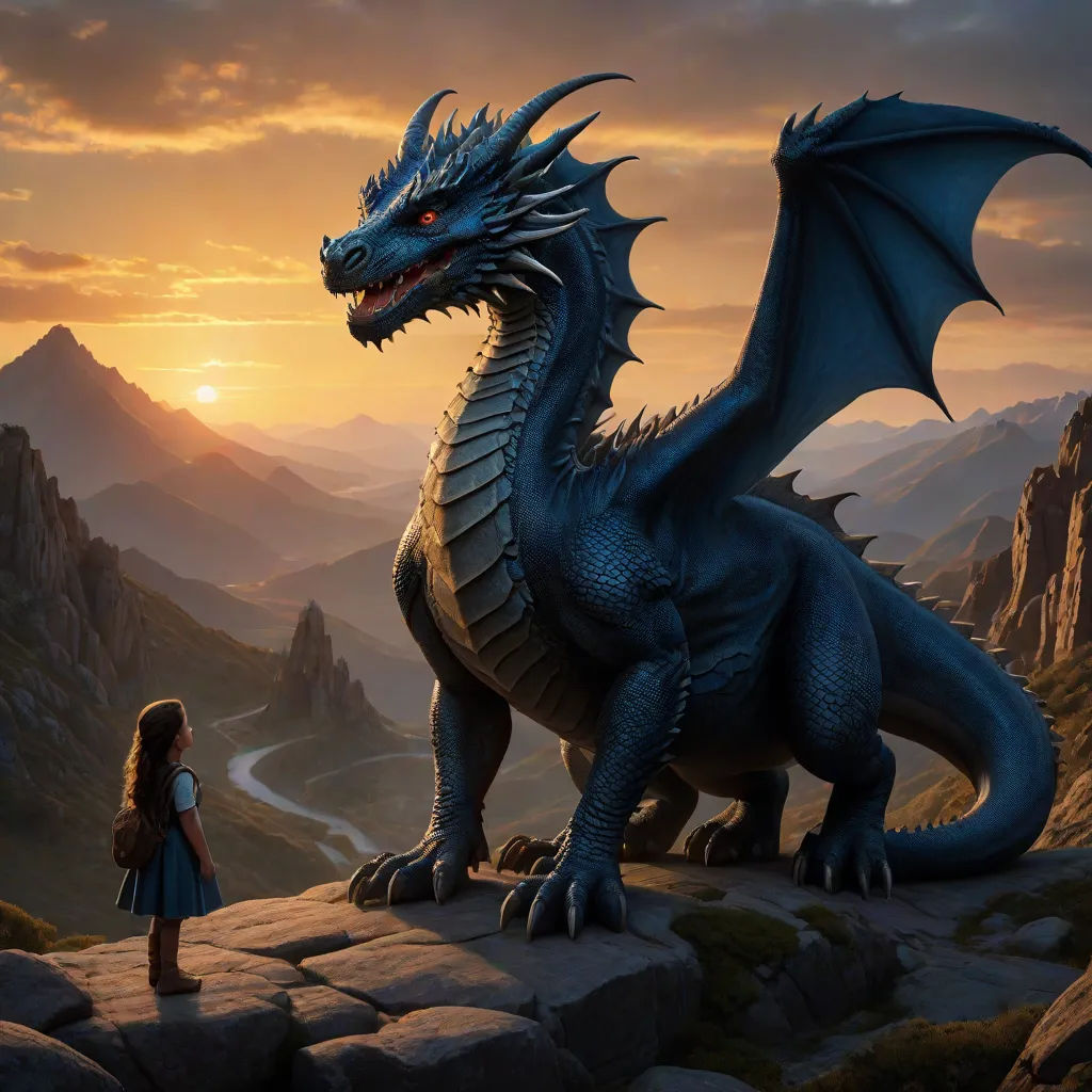 a girl standing on a rock next to a dragon statue in the mountains at sunset with a mountain range in the background, fantasy art, a storybook illustration, Anne Stokes, dragon art