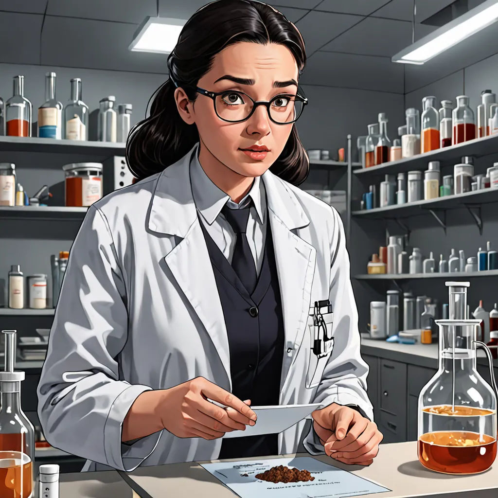 a woman in a lab coat holding a piece of paper and looking at a clipboard with a substance in it, sots art, a character portrait, Constance Gordon-Cumming, character portrait
