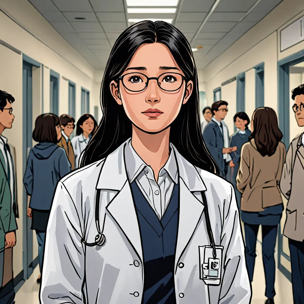 a cartoon of a woman doctor in a hallway with other people in the background, with a doctor's coat on, serial art, a character portrait, Choi Buk, kim jung gi