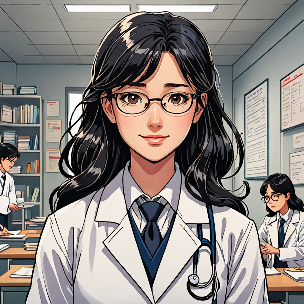 a cartoon of a woman doctor in a lab with other people in the background and a cartoon of a woman in a lab, remodernism, a character portrait, Choi Buk, official art