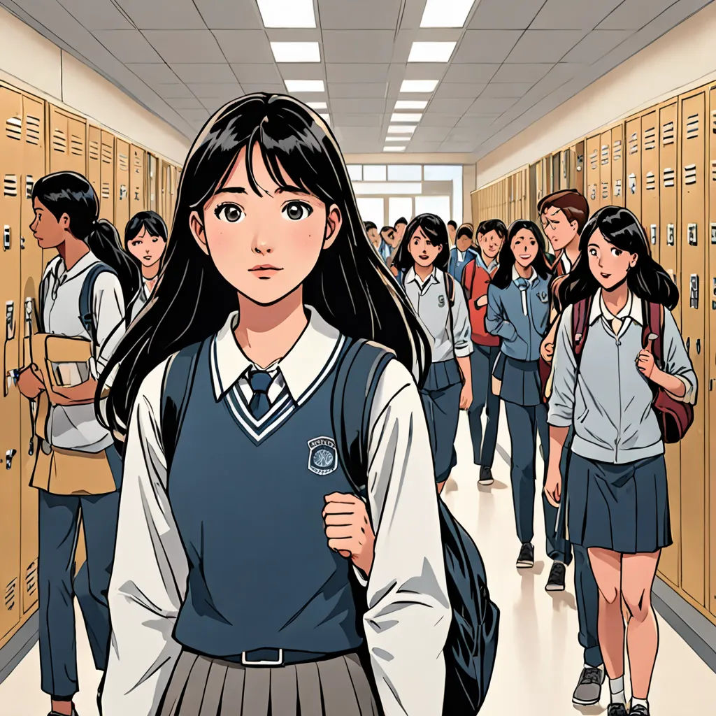 a cartoon of a girl in a school uniform standing in a hallway with a group of people behind her, serial art, a comic book panel, Choi Buk, comic cover art