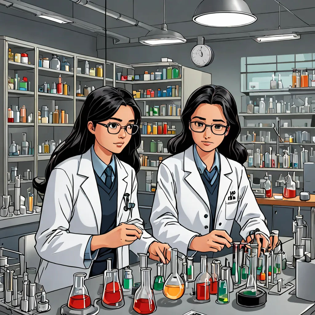 two women in lab coats are doing experiments in a laboratory with a lot of bottles of liquid on the counter, academic art, a comic book panel, Choi Buk, official art
