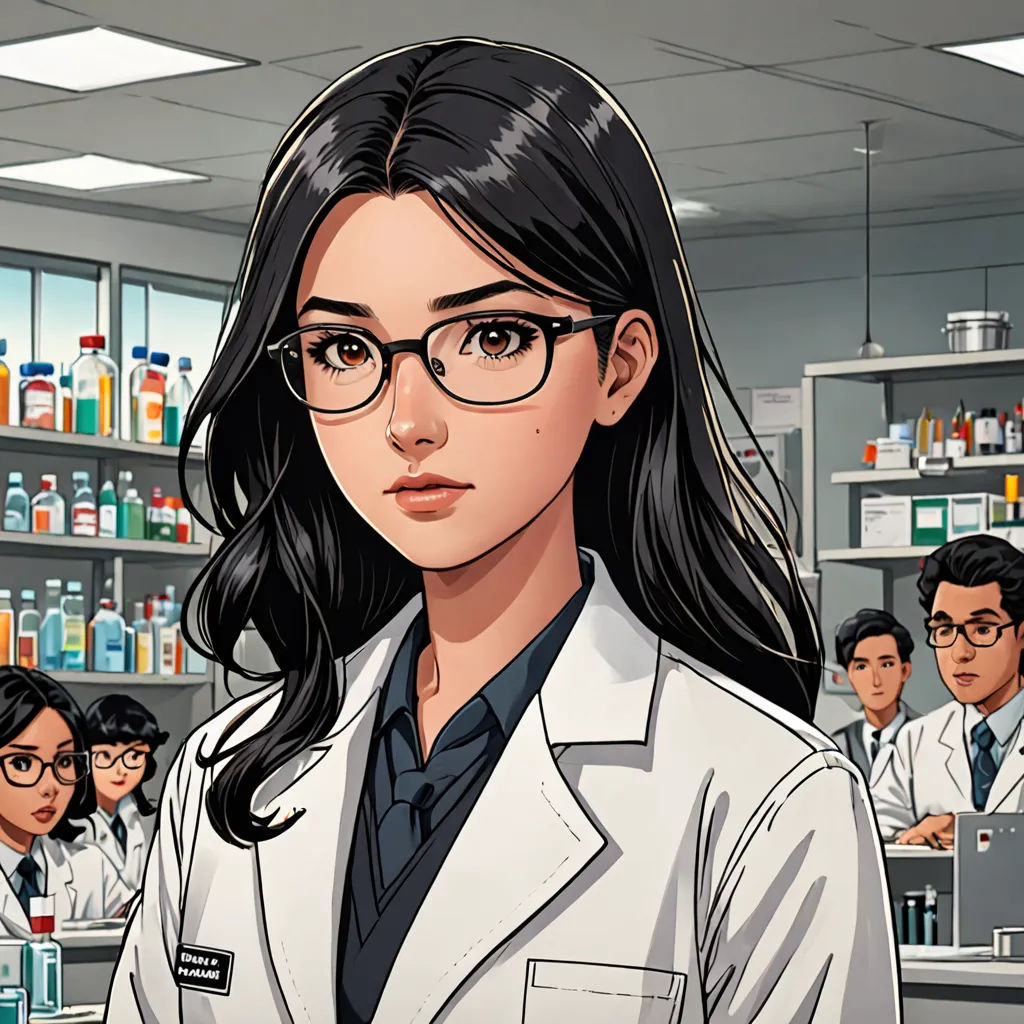 a woman in a lab coat standing in front of a shelf of medicine bottles and other people in the background, remodernism, a character portrait, Ayami Kojima, official art