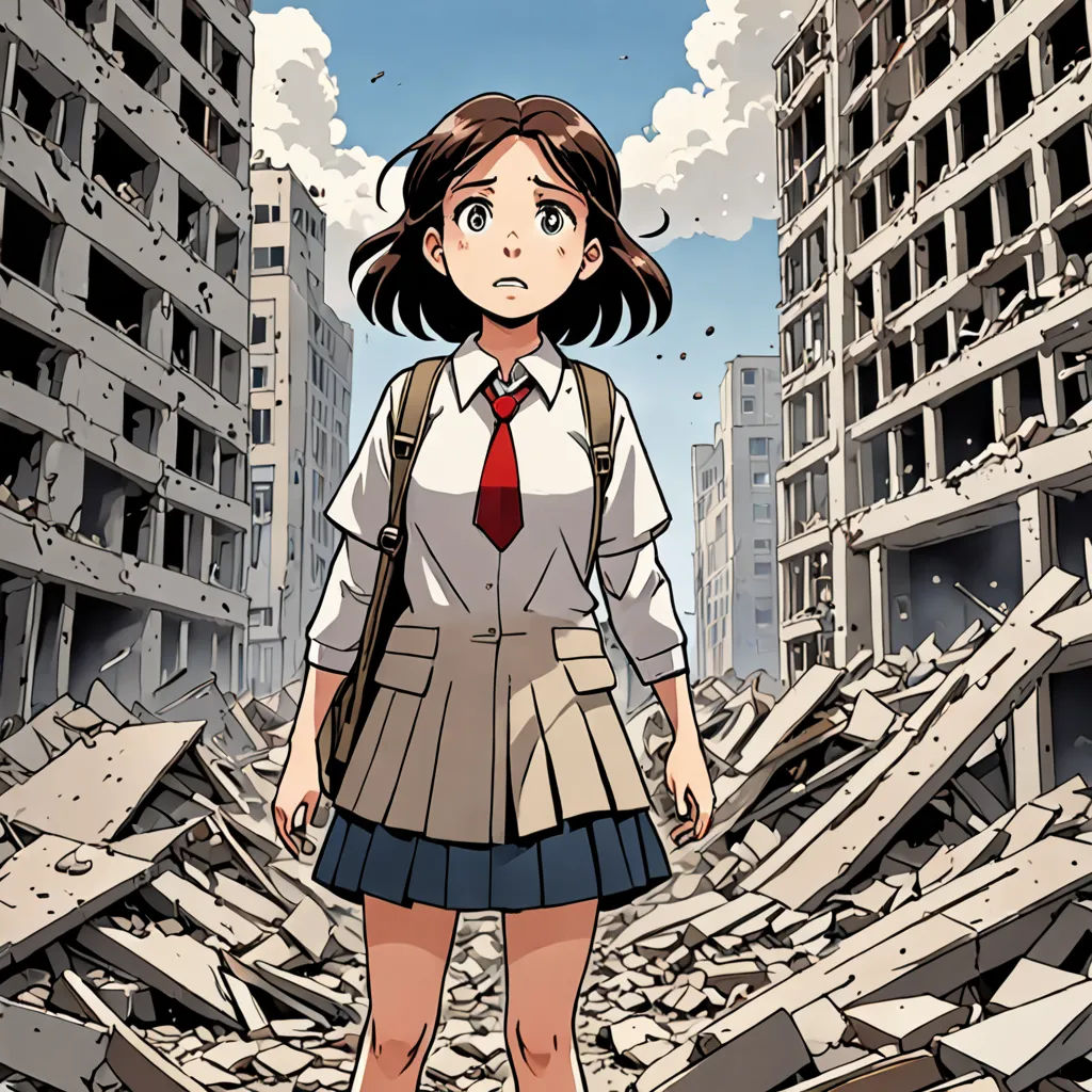 a girl in a school uniform standing in a destroyed city with a backpack on her shoulder and a red tie on her neck, auto-destructive art, a manga drawing, Aya Goda, color page