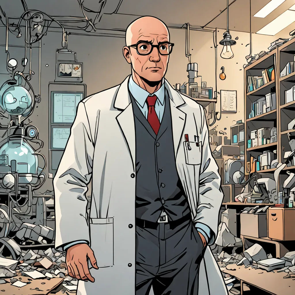 a man in a lab coat standing in a room full of books and papers and a lot of clutter, process art, a comic book panel, Diego Gisbert Llorens, marvel comics