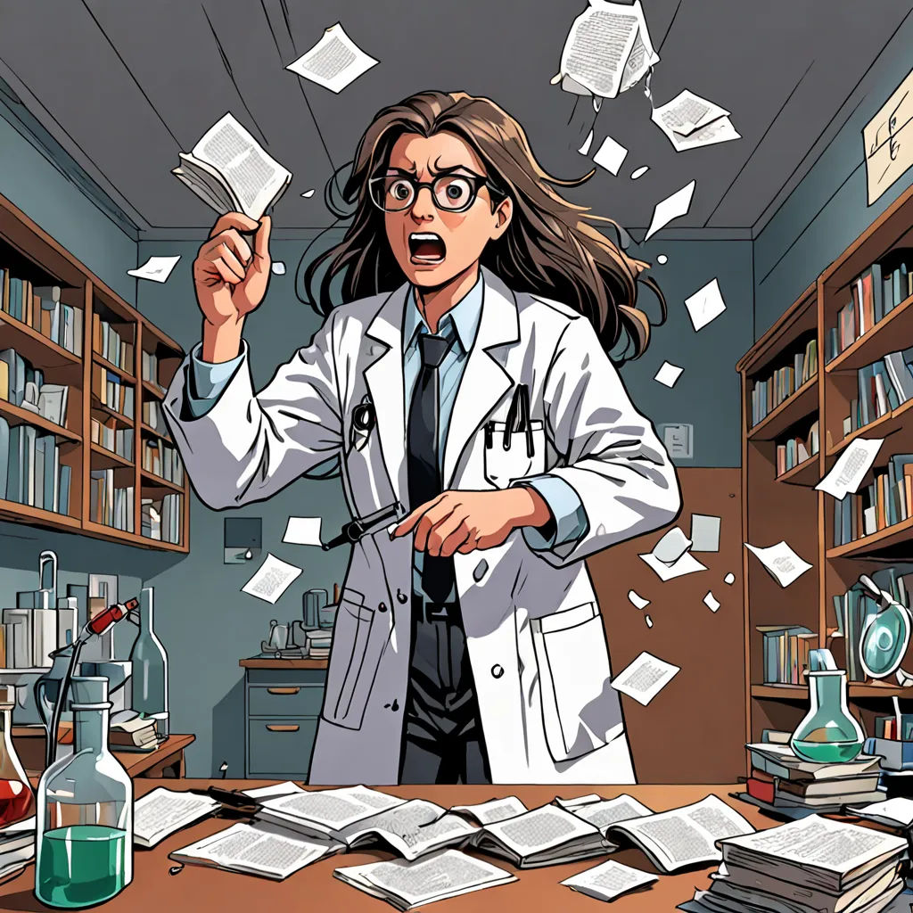 a woman in a lab coat throwing papers into the air in front of a desk full of books and bookshelves, academic art, a comic book panel, Doc Hammer, yukito kishiro