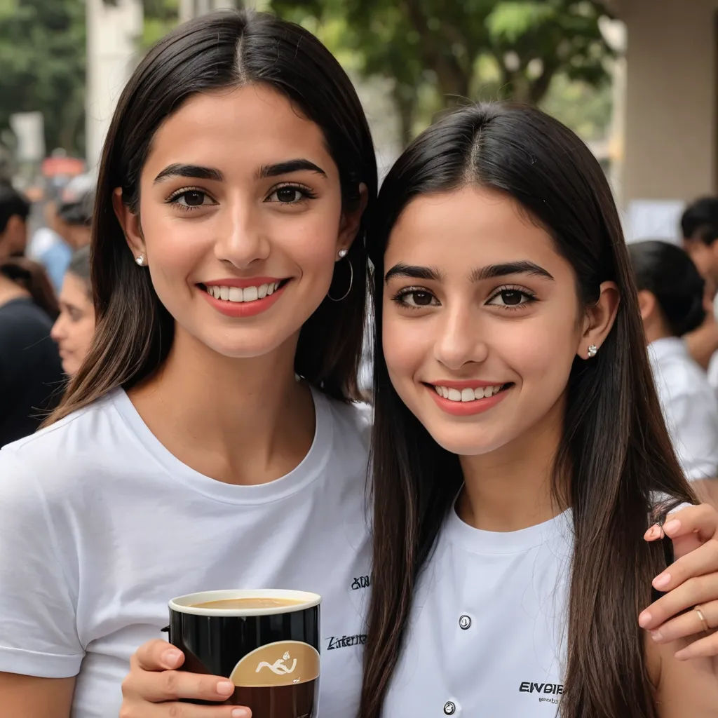 two girls are posing for a picture with coffee cups in their hands and smiling at the camera, with a crowd in the background, samikshavad, a stock photo, Emma Ríos, jayison devadas