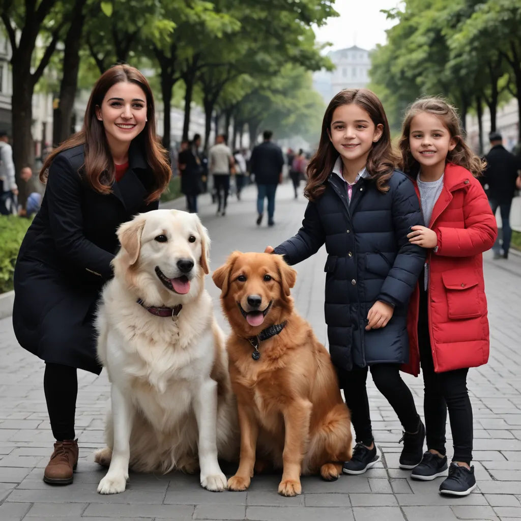 a group of people standing next to two dogs on a sidewalk with trees in the background and people walking down the street, danube school, a stock photo, Avgust Černigoj, promotional image