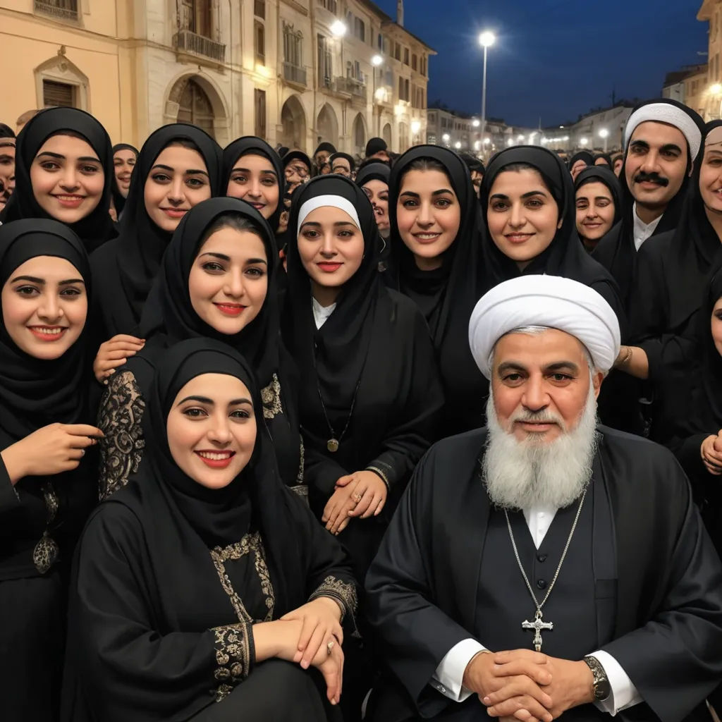 a group of people in black outfits posing for a picture together in a city square at night with a white beard, unilalianism, a stock photo, Abdullah Gërguri, award-winning photograph