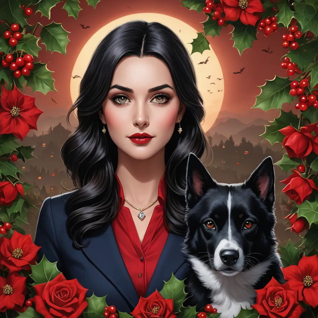 a painting of a woman and a dog in a wreath of roses with a full moon in the background, sots art, a character portrait, Anne Stokes, key art