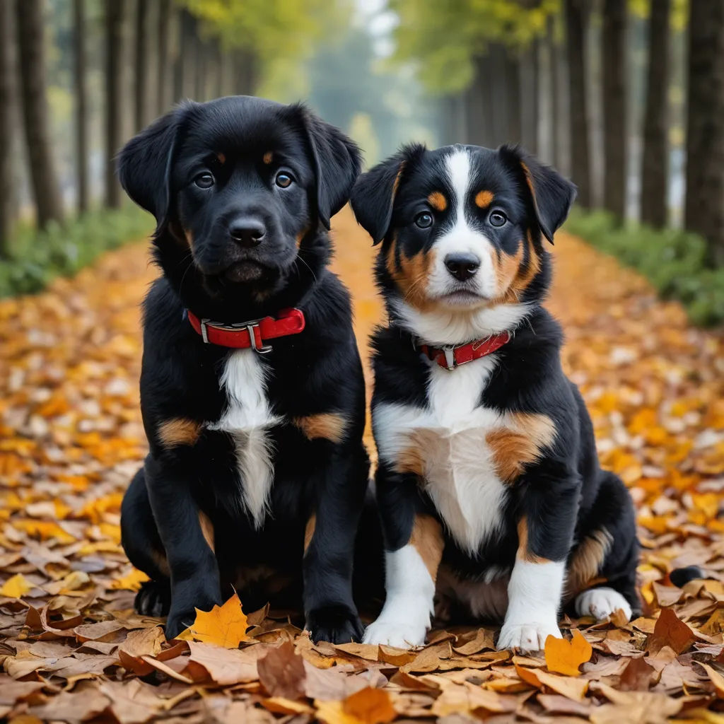 two dogs sitting on leaves in the woods with trees in the background and one dog is looking at the camera, rayonism, a stock photo, Elke Vogelsang, animal photography