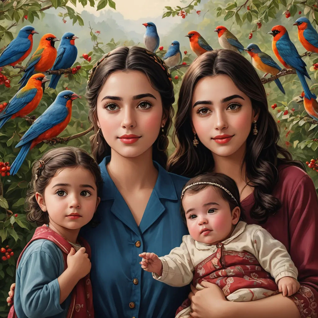 a painting of a family with birds in the background and a woman holding a child in her arms and a child in her lap, cloisonnism, a hyperrealistic painting, Chris LaBrooy, extremely detailed oil painting