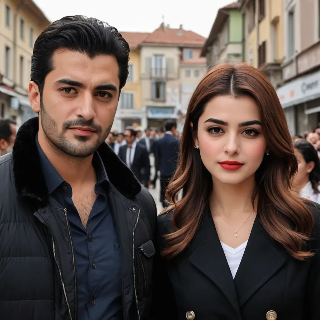 a man and a woman standing in a street with people in the background and a crowd of people walking around, aestheticism, a picture, Altoon Sultan, promotional image