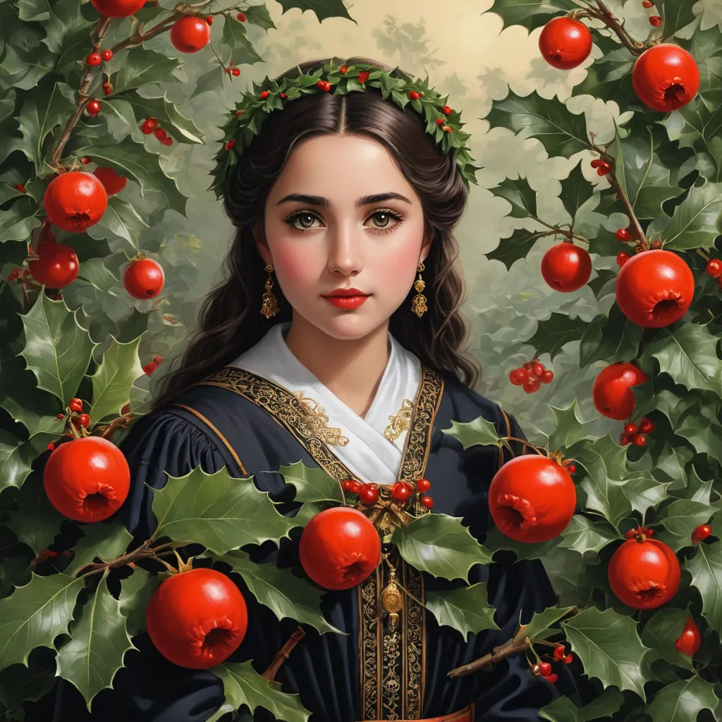 a painting of a woman surrounded by holly branches and red berries, with a red rose in her hair, figurative art, a detailed painting, Anne Stokes, highly detailed digital painting