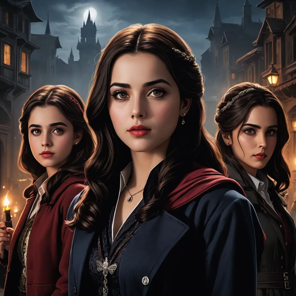 a group of women standing next to each other in front of a castle at night with a full moon, sots art, poster art, Anne Said, key art
