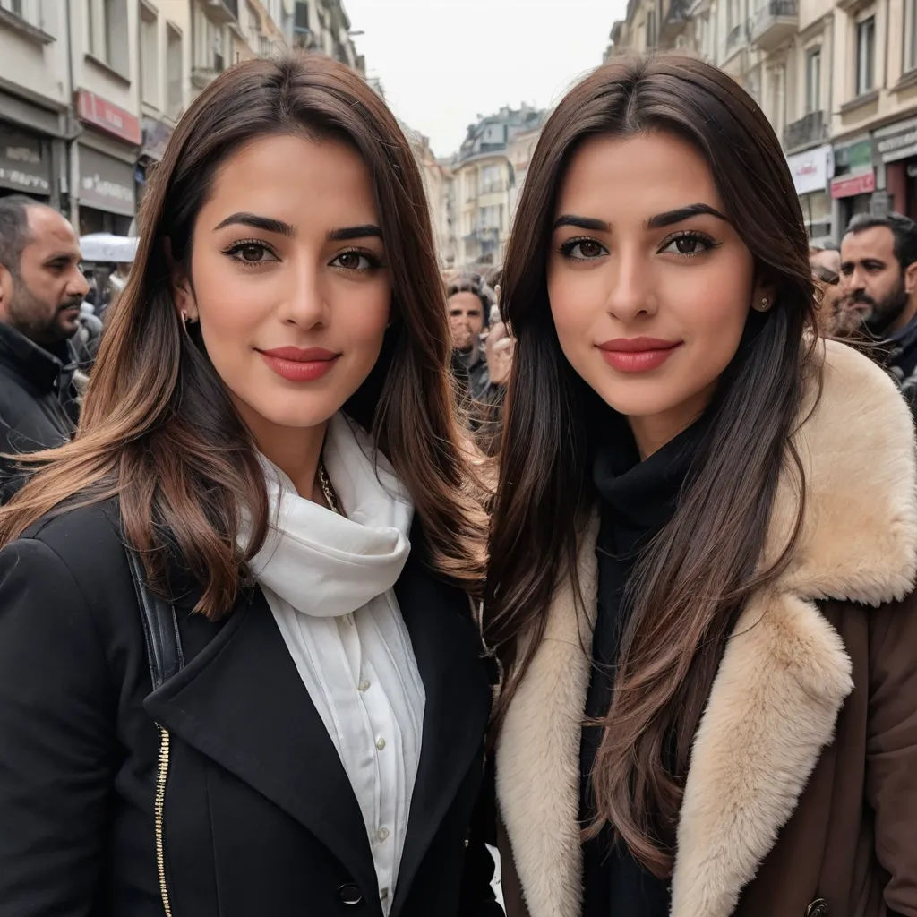 two women standing next to each other in a street with people in the background and one woman wearing a black coat, aestheticism, a photocopy, Bouchta El Hayani, symmetrical facial features