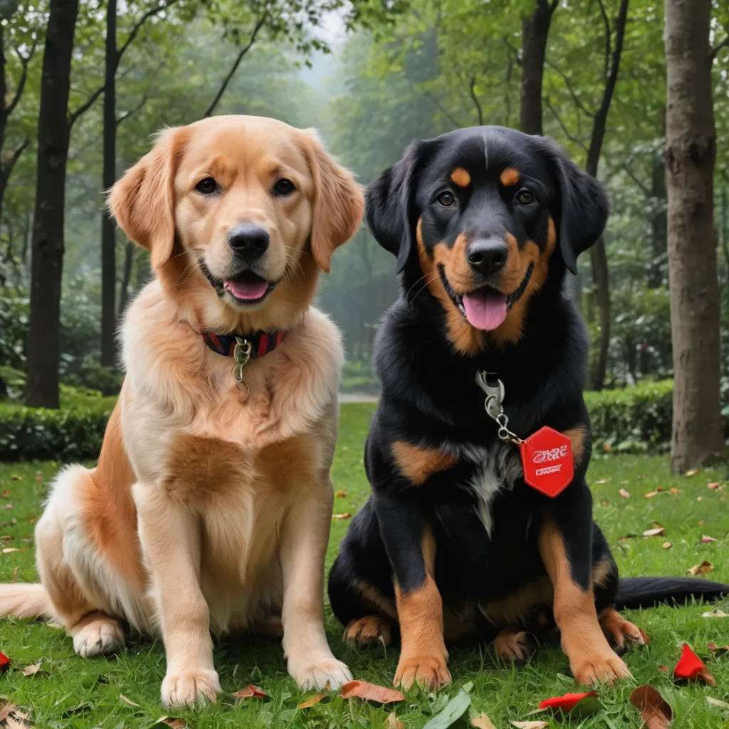 two dogs sitting in the grass with trees in the background and a red tag on their collar that says,, cloisonnism, a stock photo, Dai Xi, professional photo