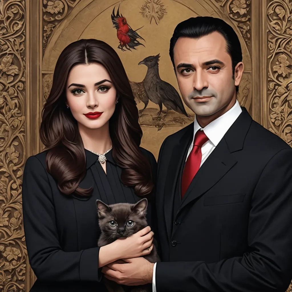 a man and woman in a suit and tie holding a cat in their hands and a cat in their lap, qajar art, a hyperrealistic painting, Altoon Sultan, extremely detailed oil painting
