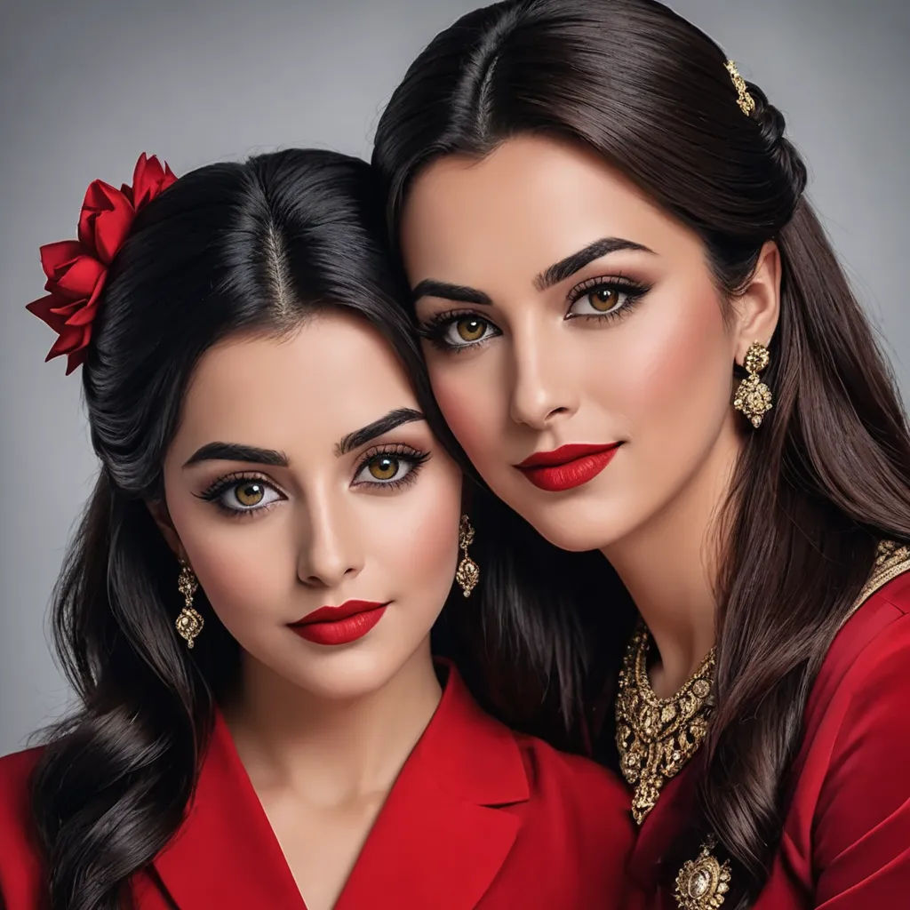 two women in red are posing for a picture together, both wearing red lipstick and gold jewelry, and one wearing a red dress, qajar art, a photorealistic painting, Bourgeois, portrait photography