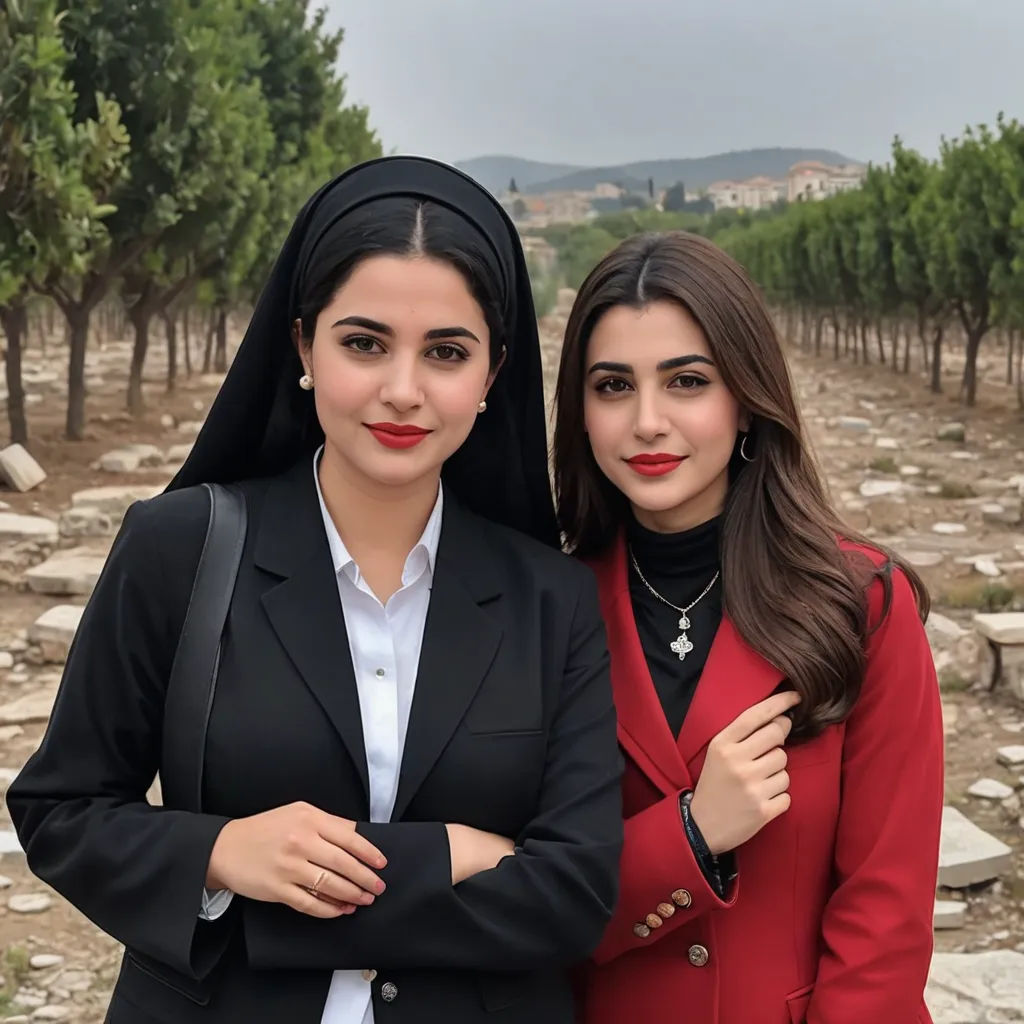two women in red and black outfits standing next to each other in a field of trees and rocks, with a mountain in the background, aestheticism, a photocopy, Bouchta El Hayani, vfx