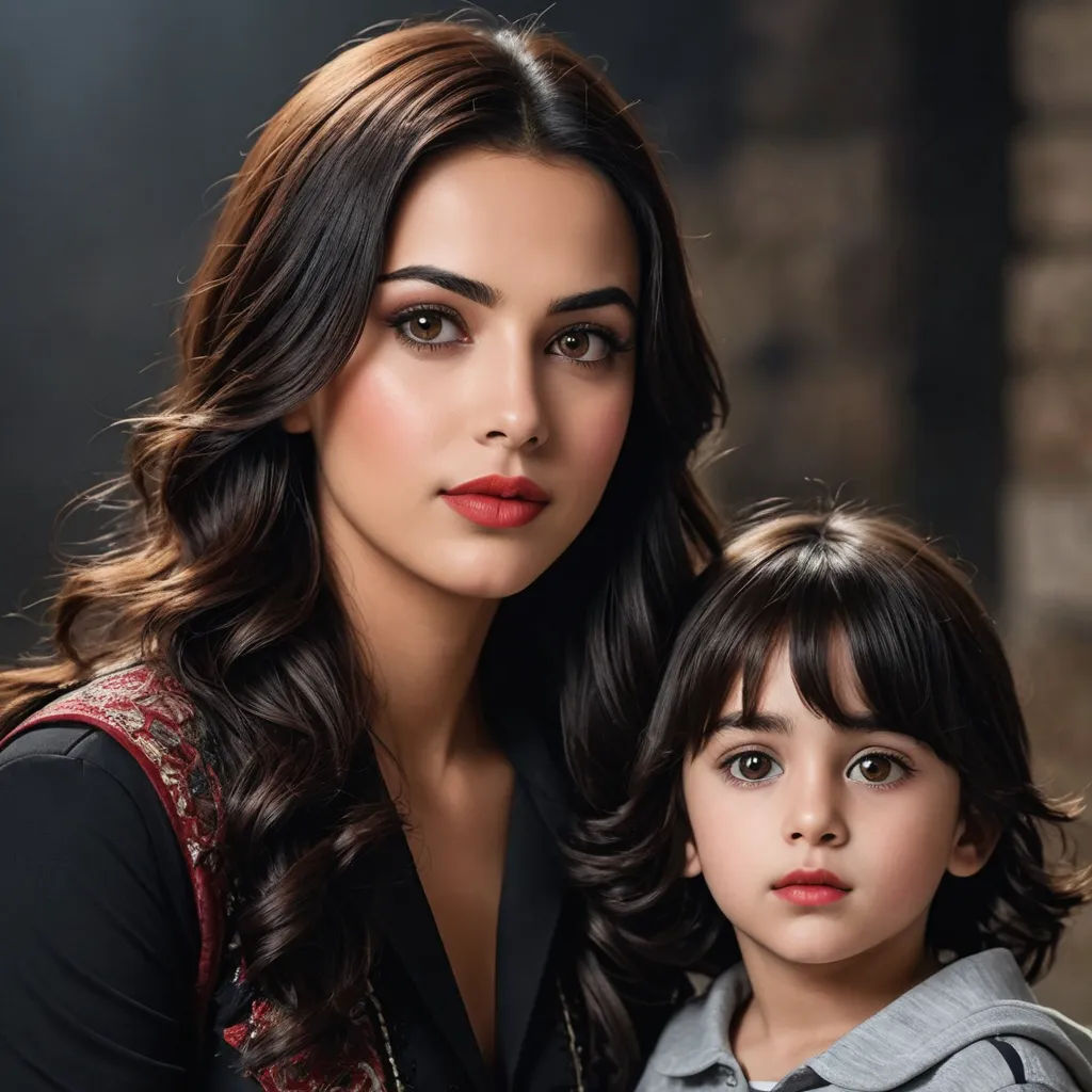 a woman and a child posing for a picture together in a studio setting with a dark background and a brick wall, lyco art, a photorealistic painting, Fathi Hassan, promotional image