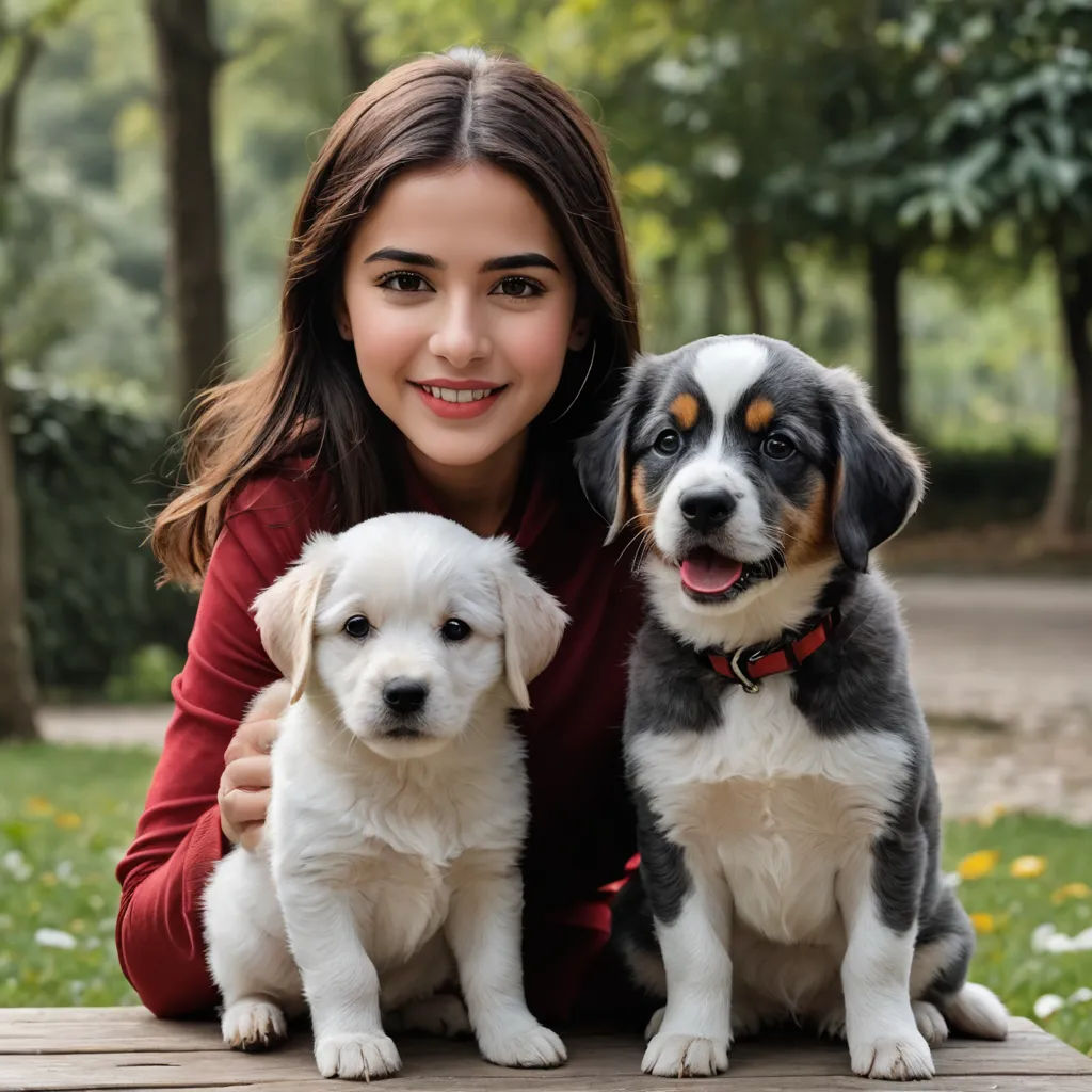 a woman is posing with two dogs in a park setting with flowers and trees in the background, and a path in the foreground, private press, a stock photo, Ai Xuan, cute and adorable