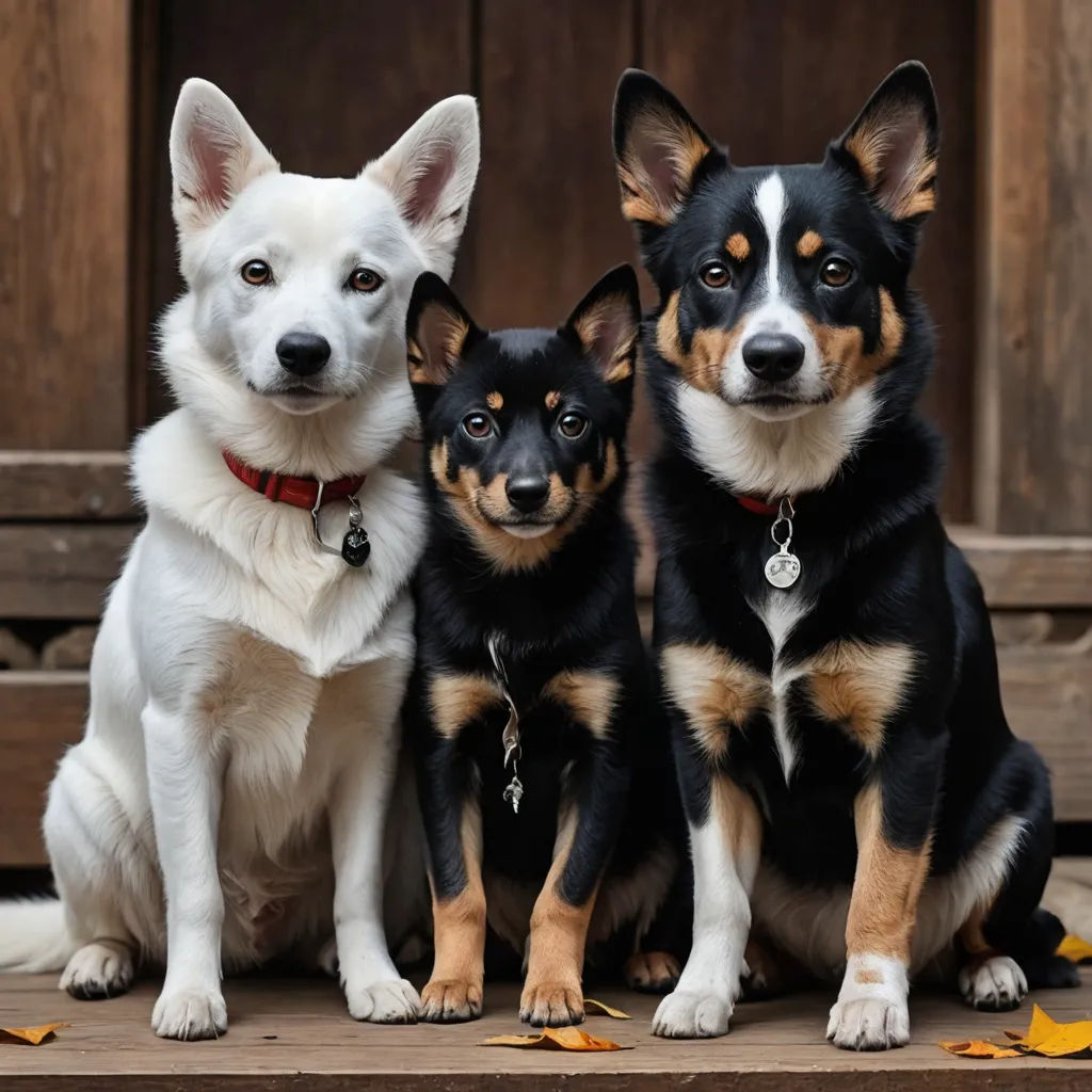 three dogs sitting on a wooden step with a door in the background and leaves on the ground around them, incoherents, a stock photo, Elke Vogelsang, animal photography