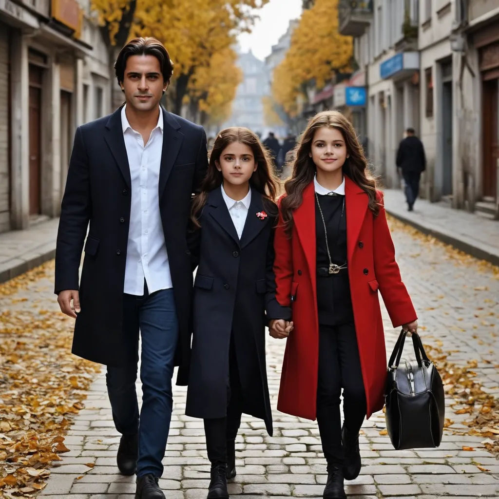 a man and two girls walking down a street holding hands and a handbag in their other hand,, paris school, a poster, Arthur Sarkissian, promotional image