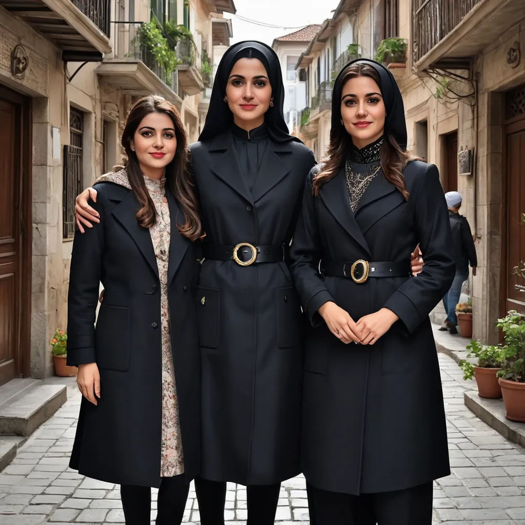 three women in black coats standing in a street with buildings in the background and a cobblestone walkway, hurufiyya, a photocopy, Bouchta El Hayani, promotional image